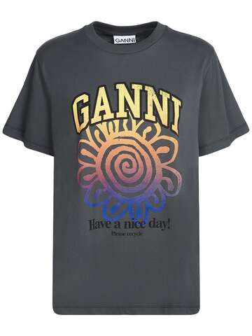 ganni basic flower print cotton t-shirt in grey