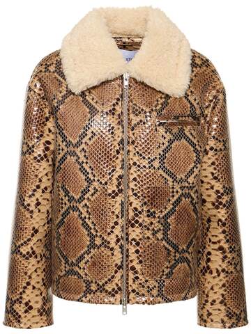 stand studio kaz snake print faux shearling jacket in brown / multi