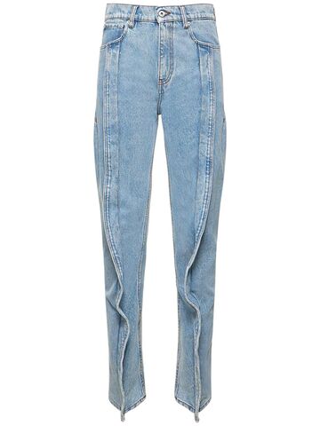Y PROJECT Ruffled Denim High Rise Straight Jeans in blue
