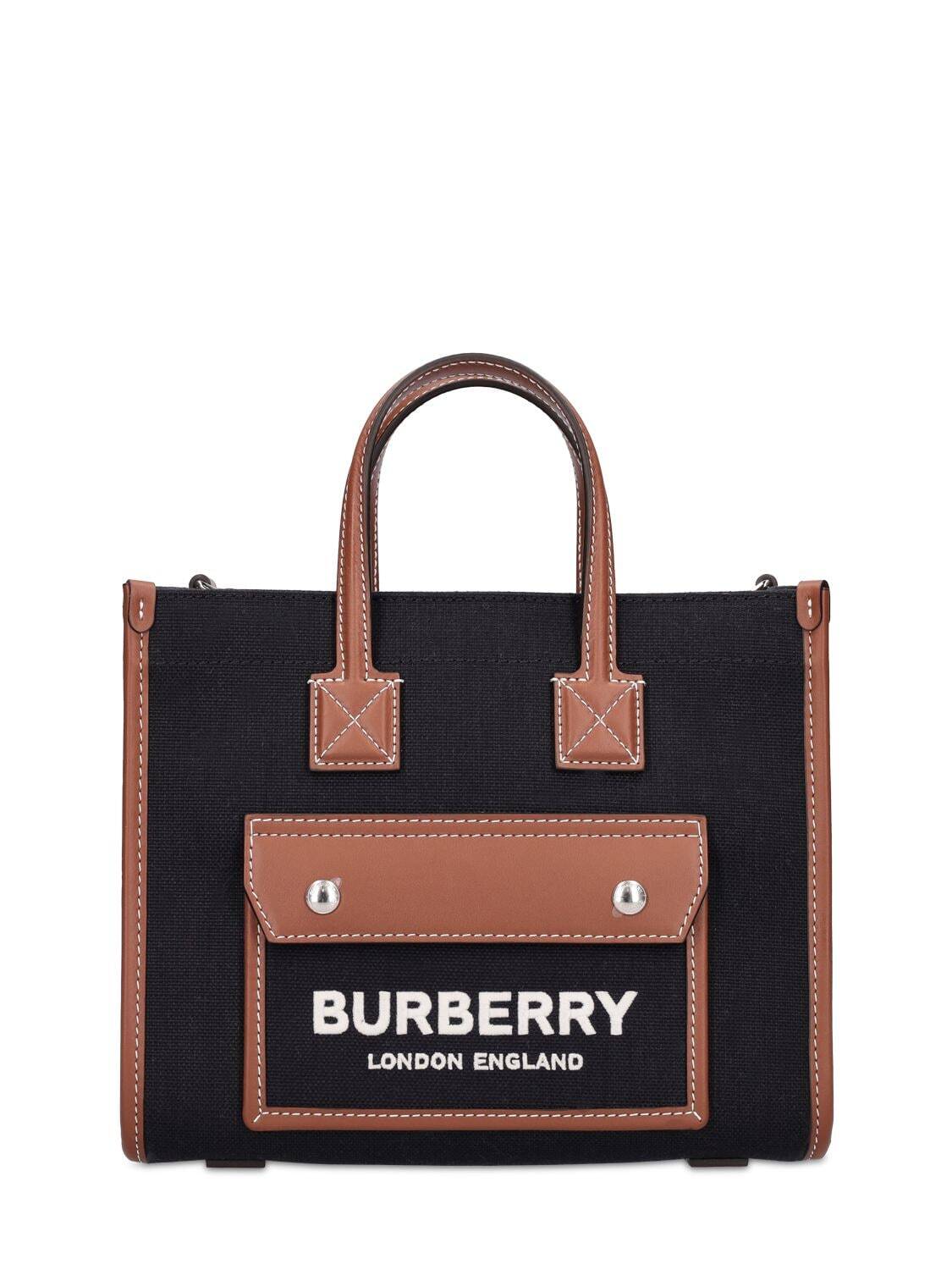 BURBERRY Mini Freya Leather & Canvas Tote Bag in black / tan