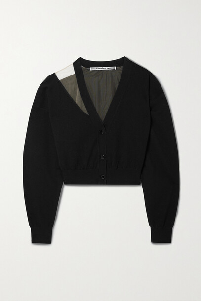 Alexander Wang - Cropped Tulle-trimmed Wool-blend Cardigan - Black