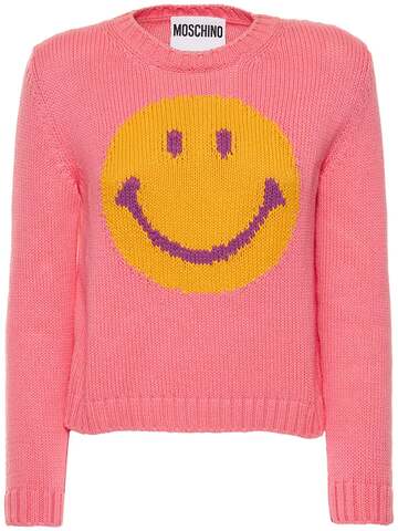 MOSCHINO Cotton Knit Smiley Crewneck Sweater in pink