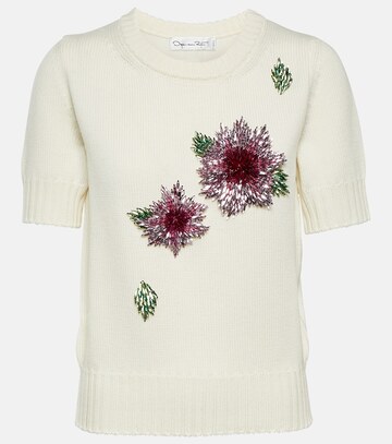 oscar de la renta floral-appliqué wool t-shirt in white