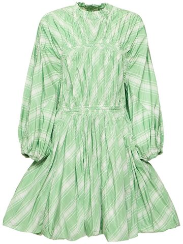 jil sander checked long sleeve mini dress in green / white
