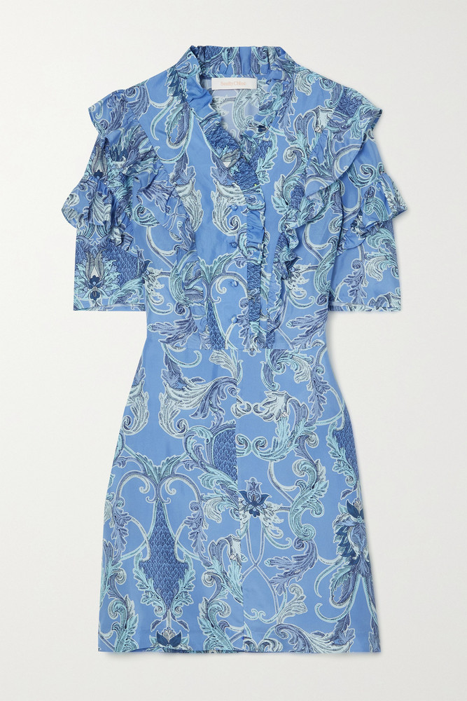 SEE BY CHLOÉ SEE BY CHLOÉ - Ruffled Printed Silk Mini Dress - Blue