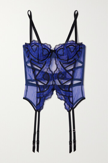 fleur du mal - hendrix lace-trimmed stretch-mesh underwired soft-cup bustier bra - blue