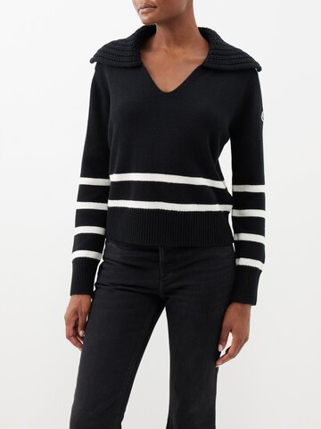 moncler - ribbed-collar striped wool-blend sweater - womens - black white