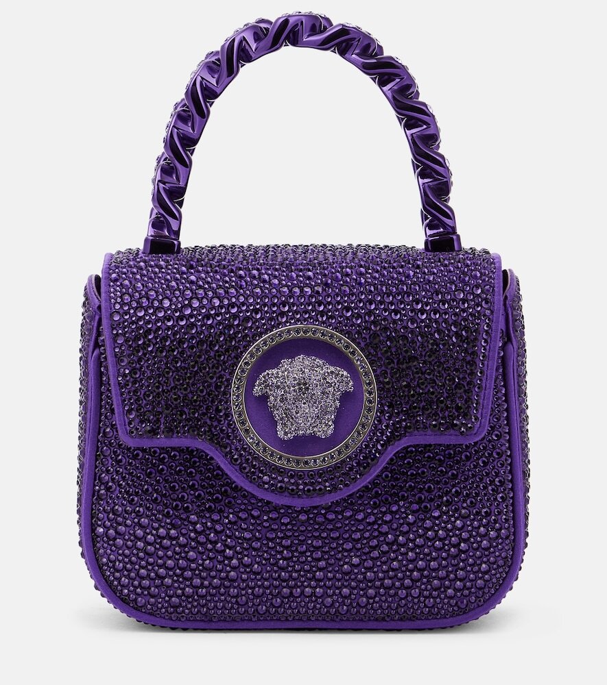 Versace La Medusa Mini embellished satin tote bag in purple
