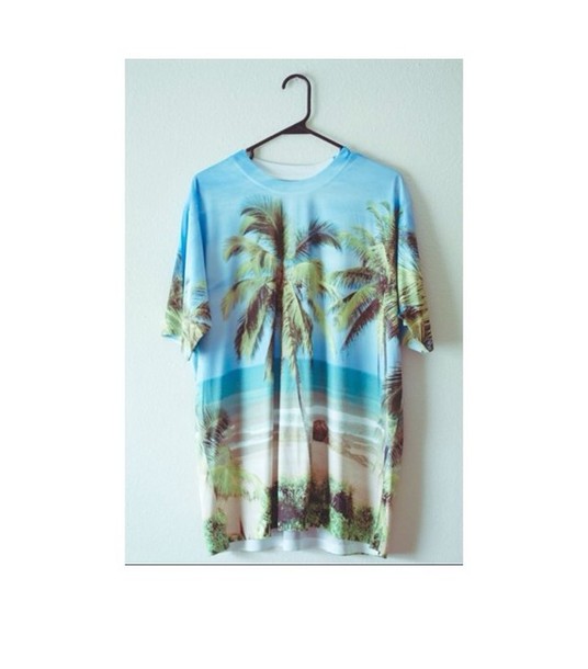 shirt blue shirt beach light blue palm tree print coconut tree sand picture print t-shirt oversized t-shirt perf