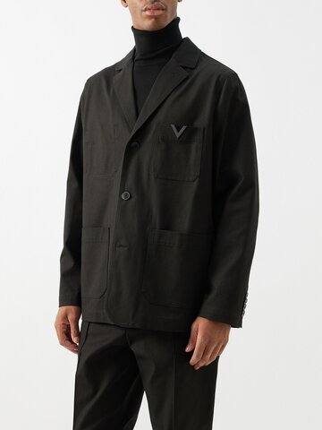 valentino garavani - v-plaque cotton-blend single-breasted suit jacket - mens - black