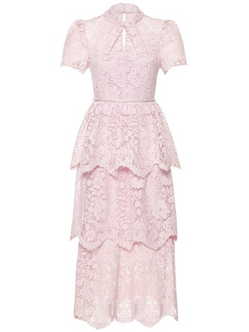 SELF-PORTRAIT Tiered Lace Midi Dress in pink