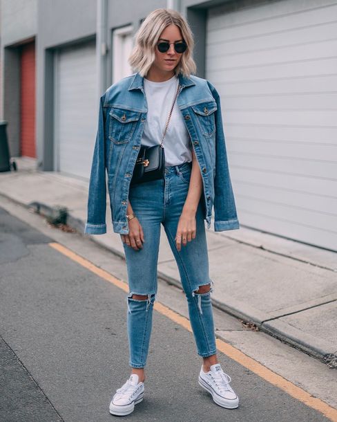 jacket, denim jacket, high waisted jeans, white sneakers, ripped jeans ...