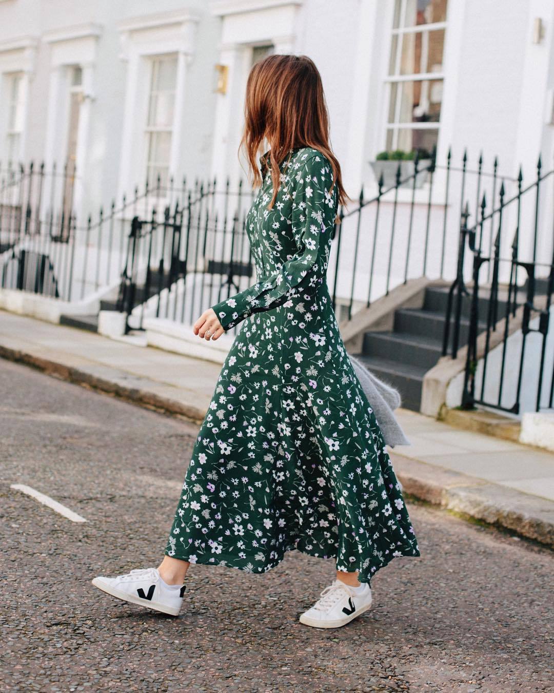 long dress with white sneakers