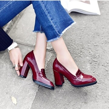 shoes,burgundy,square toe,official,patent leather,loafers,block heel