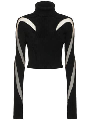 MUGLER Wool & Sheer Tulle Turtleneck Sweater in black