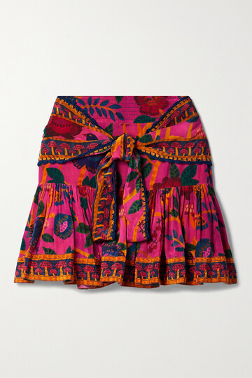 farm rio - ruffled crochet-trimmed printed voile mini skirt - pink