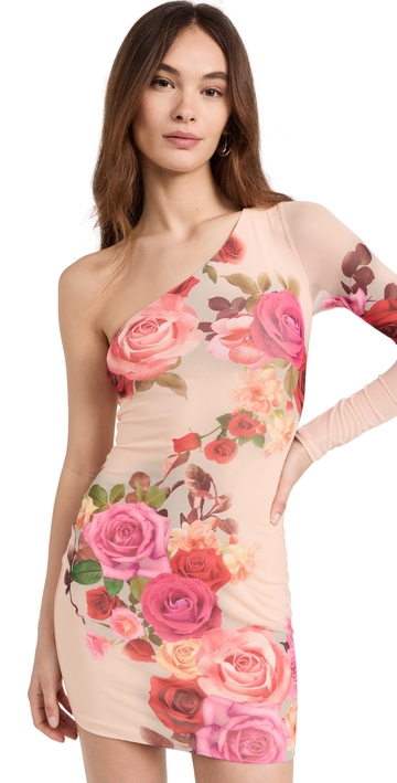 afrm zhuri one shoulder mini dress with open back detail nude rose swirl xs