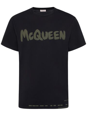 alexander mcqueen graffiti logo cotton t-shirt in black / khaki