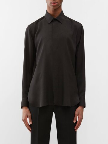 saint laurent - pebbled-jacquard silk-satin shirt - mens - black