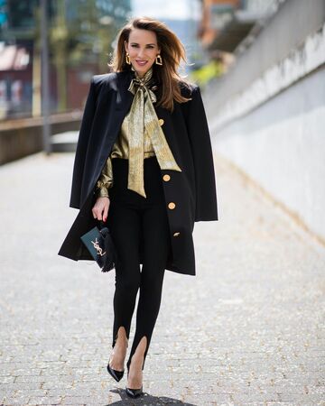 top,blouse,black pants,pumps,black coat,ysl bag