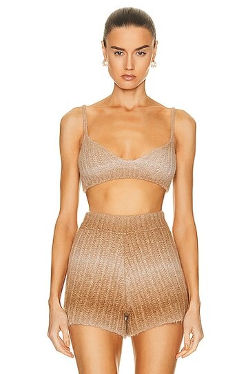 alanui ice caves ribbed knit bra in neutral in camel / beige