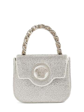 versace satin & strass leather top handle bag
