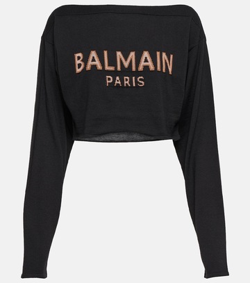 balmain cropped jacquard wool-blend sweater in black