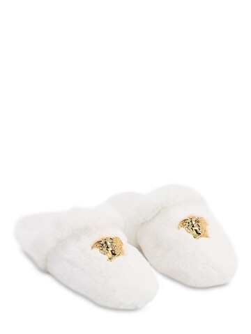 VERSACE Medusa Faux Fur Slippers in gold / white