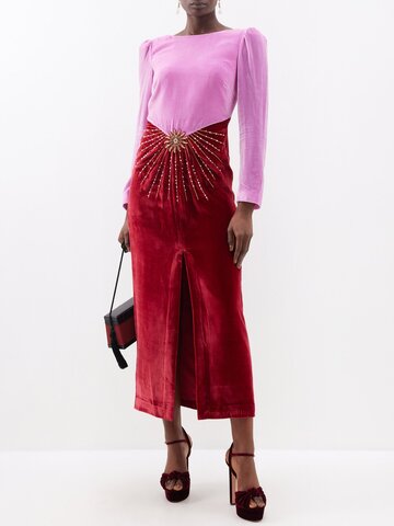 saloni - alix crystal-embellished velvet midi dress - womens - pink red