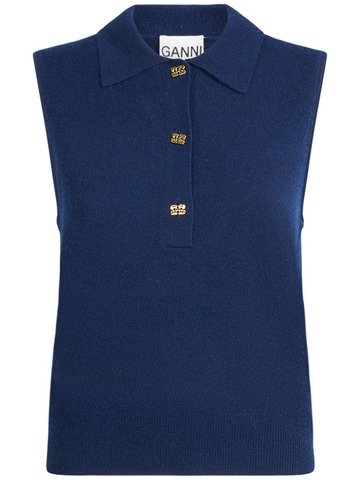 ganni cashmere & wool polo vest in blue