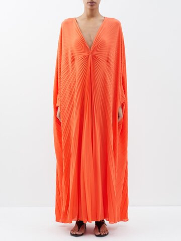 valentino - v-neck plissé silk gown - womens - orange