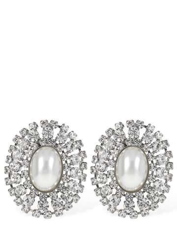 ALESSANDRA RICH Oval Crystal Earrings W/ Faux Pearl in white
