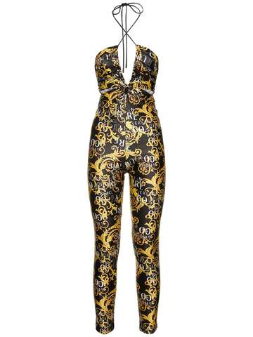 versace jeans couture printed stretch lycra jumpsuit in black / multi