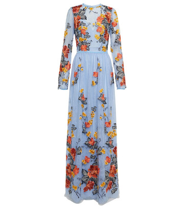 costarellos liana floral-embroidered lace gown in blue