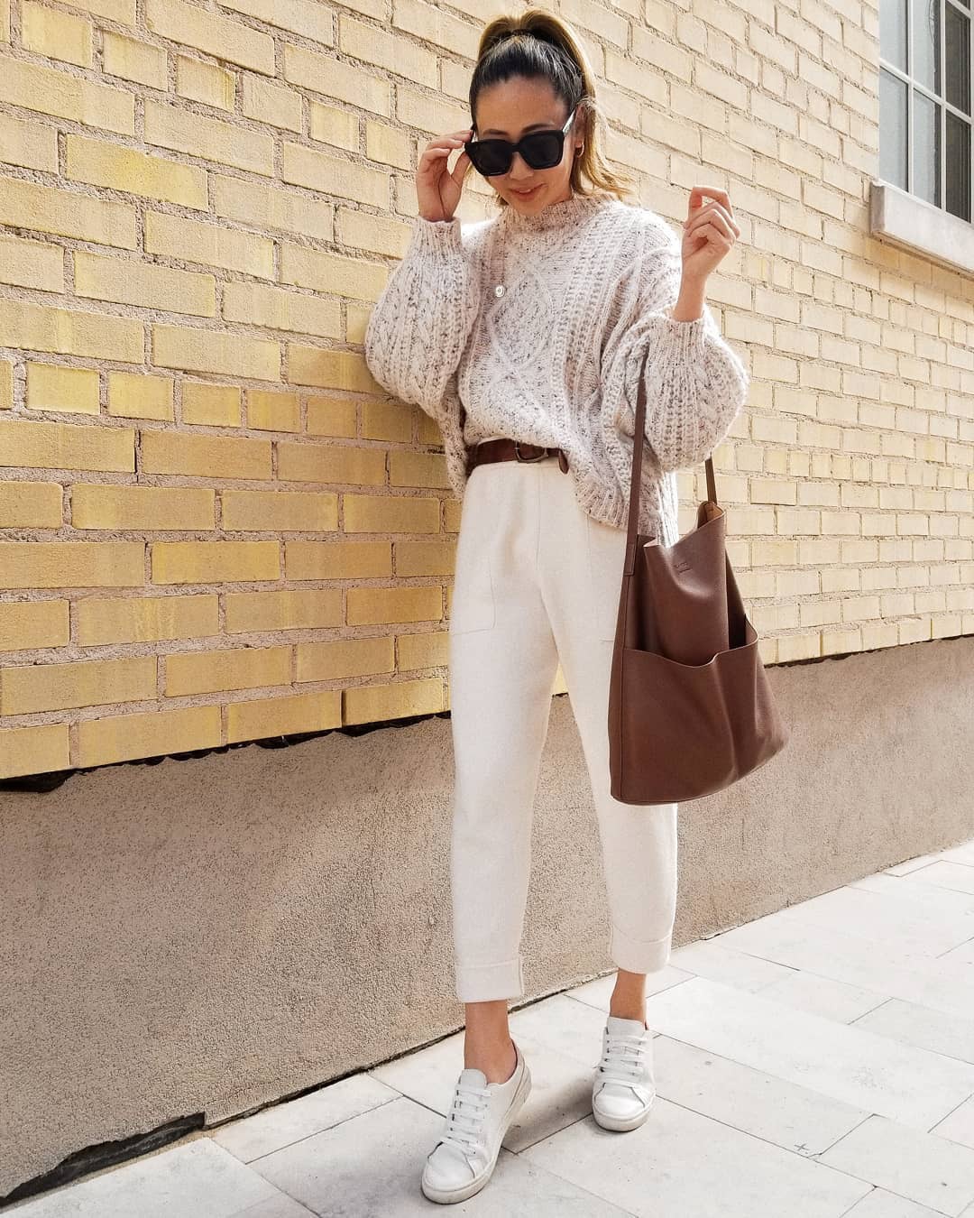 pants, white pants, white sneakers, brown bag, knitted sweater ...