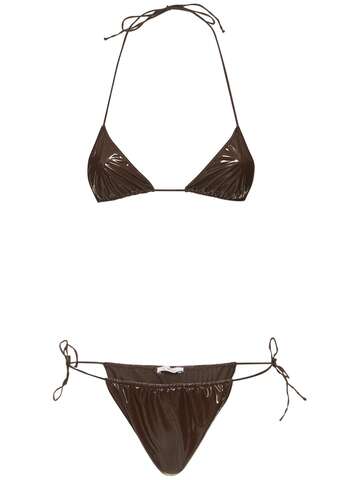 OSÉREE SWIMWEAR Latex-effect Microkini Bikini Set in brown