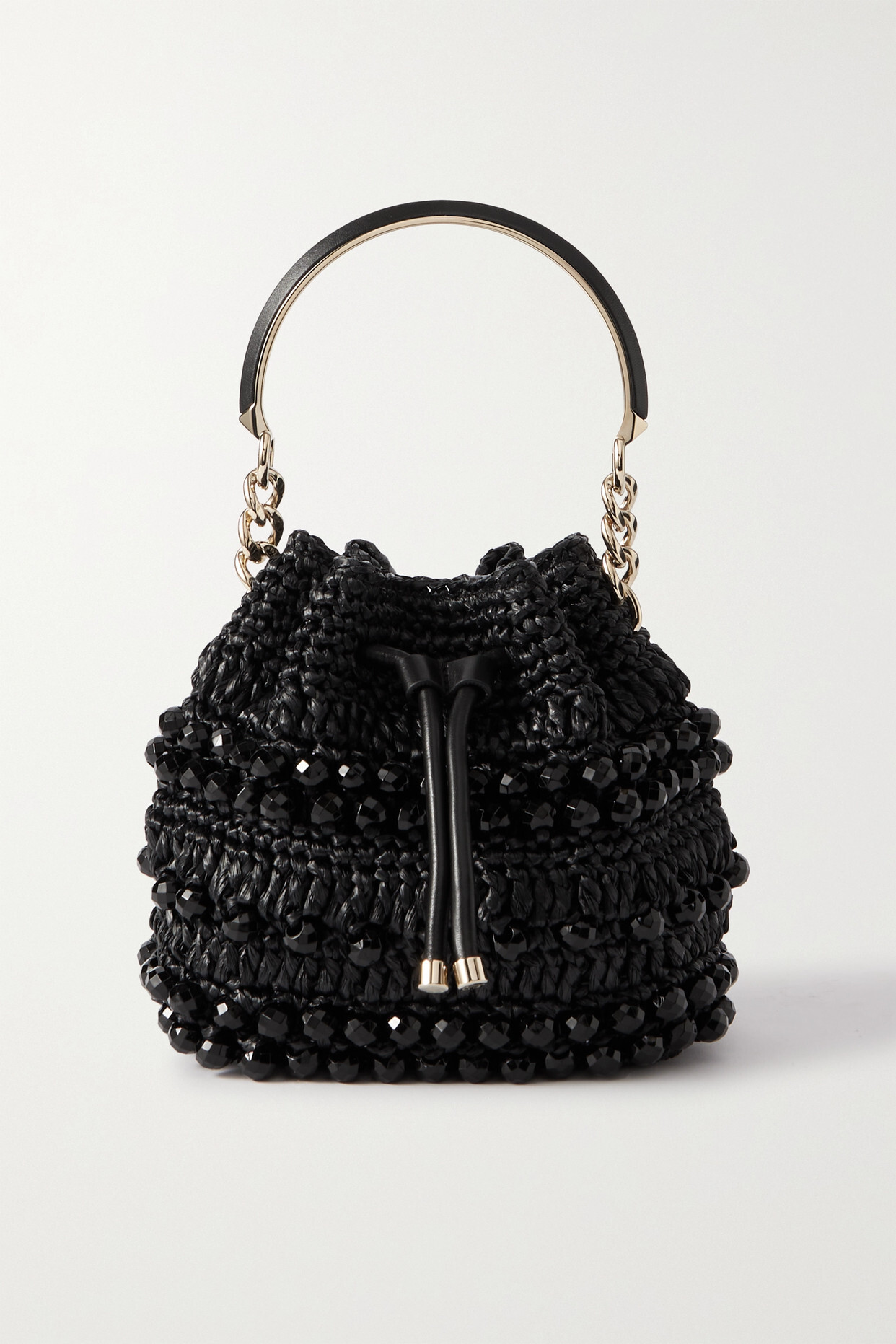 Jimmy Choo - Bon Bon Leather-trimmed Bead-embellished Raffia Bucket Bag - Black