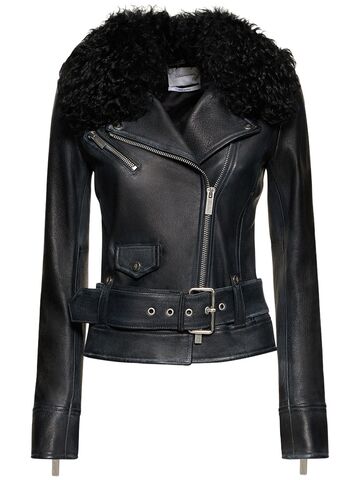 blumarine belted leather jacket w/ fur collar in black