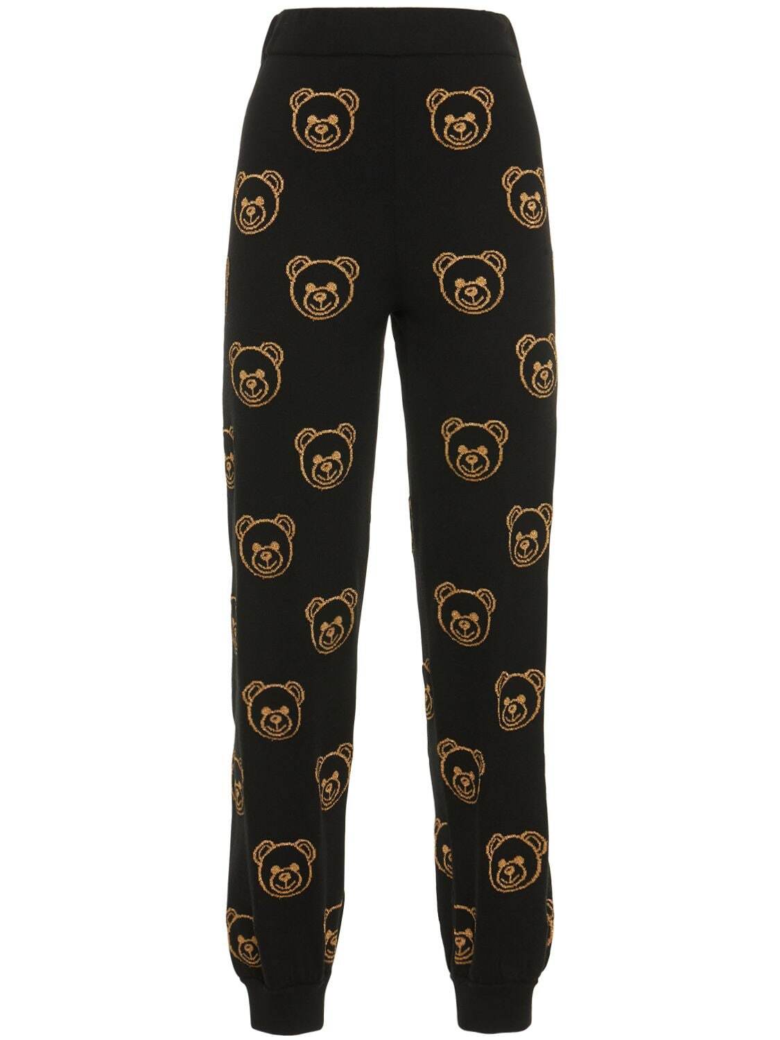 MOSCHINO Wool Knit Jacquard Teddy Sweatpants in black / gold