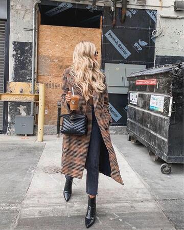 coat,long coat,plaid,double breasted,black boots,ankle boots,cropped jeans,black bag,top
