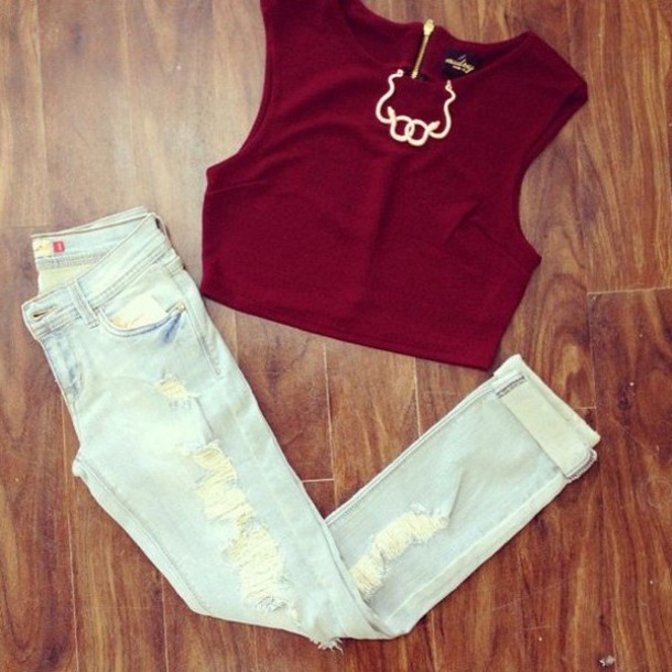 jeans crop tops ripped jeans burgundy necklace shirt