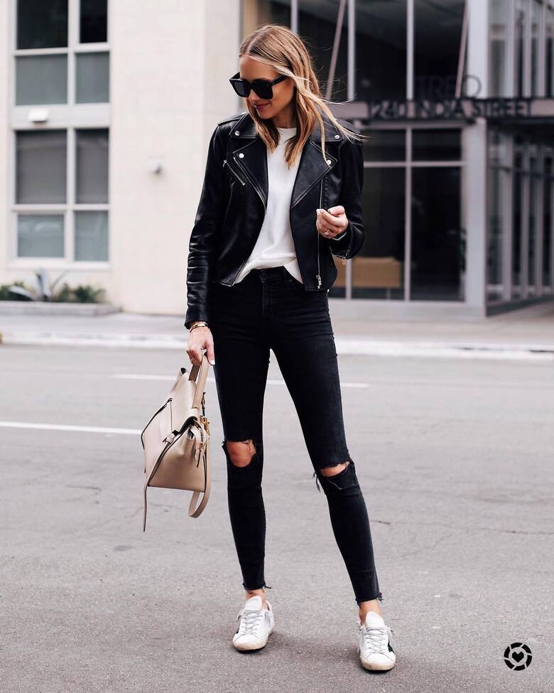 jeans black jeans black skinny jeans white sneakers shoulder bag black leather jacket white t-shirt black sunglasses