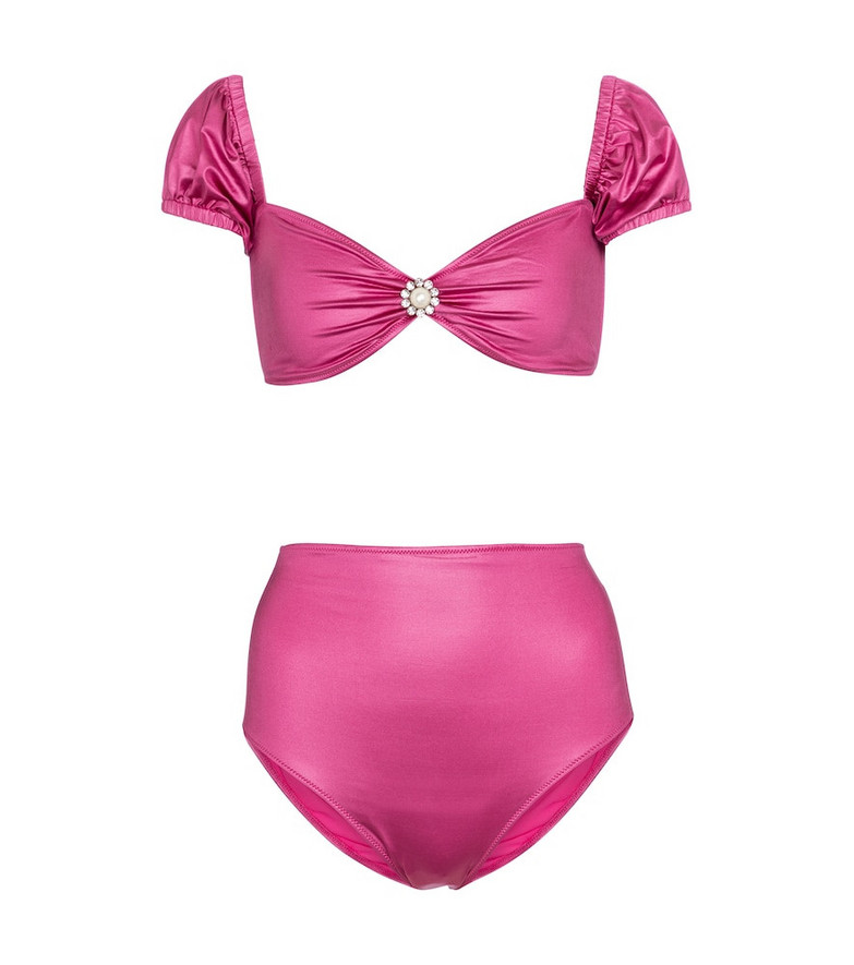 Alessandra Rich Embellished off-shoulder bikini top in pink