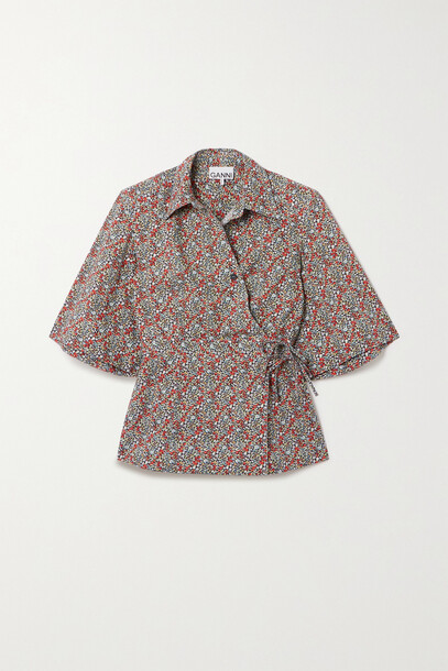 GANNI - Floral-print Organic Cotton-poplin Wrap Shirt - Red
