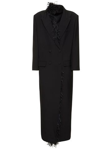 valentino double breast wool coat w/feathers in black