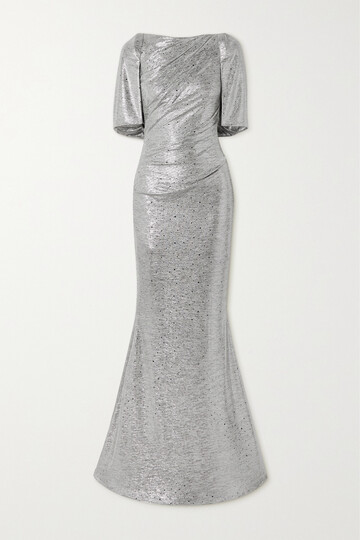 talbot runhof - cape-effect gathered embellished metallic stretch-jersey gown - silver