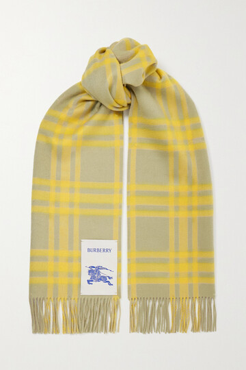 burberry - appliquéd fringed checked cashmere scarf - yellow