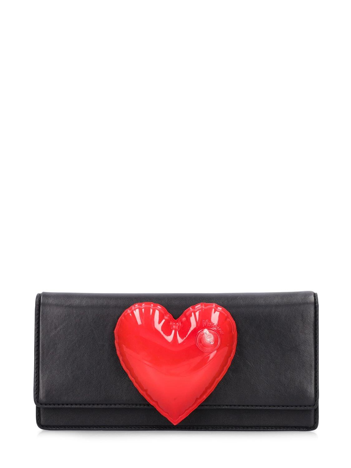 MOSCHINO Padded Heart Leather Clutch in black