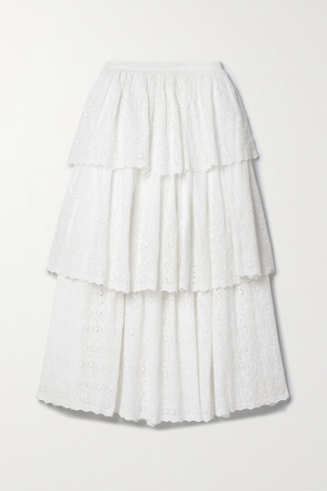loveshackfancy - kasiana layered tiered broderie anglaise cotton midi skirt - white