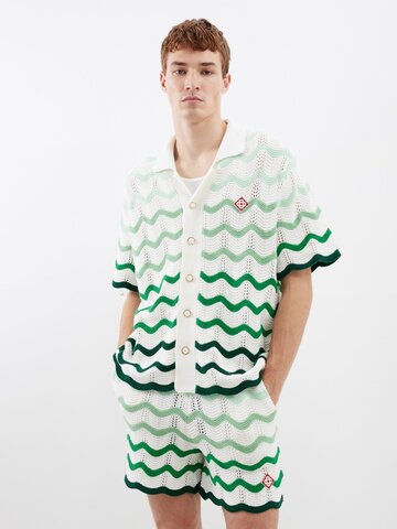 casablanca - wave crochet-knit cotton short-sleeved shirt - mens - green white